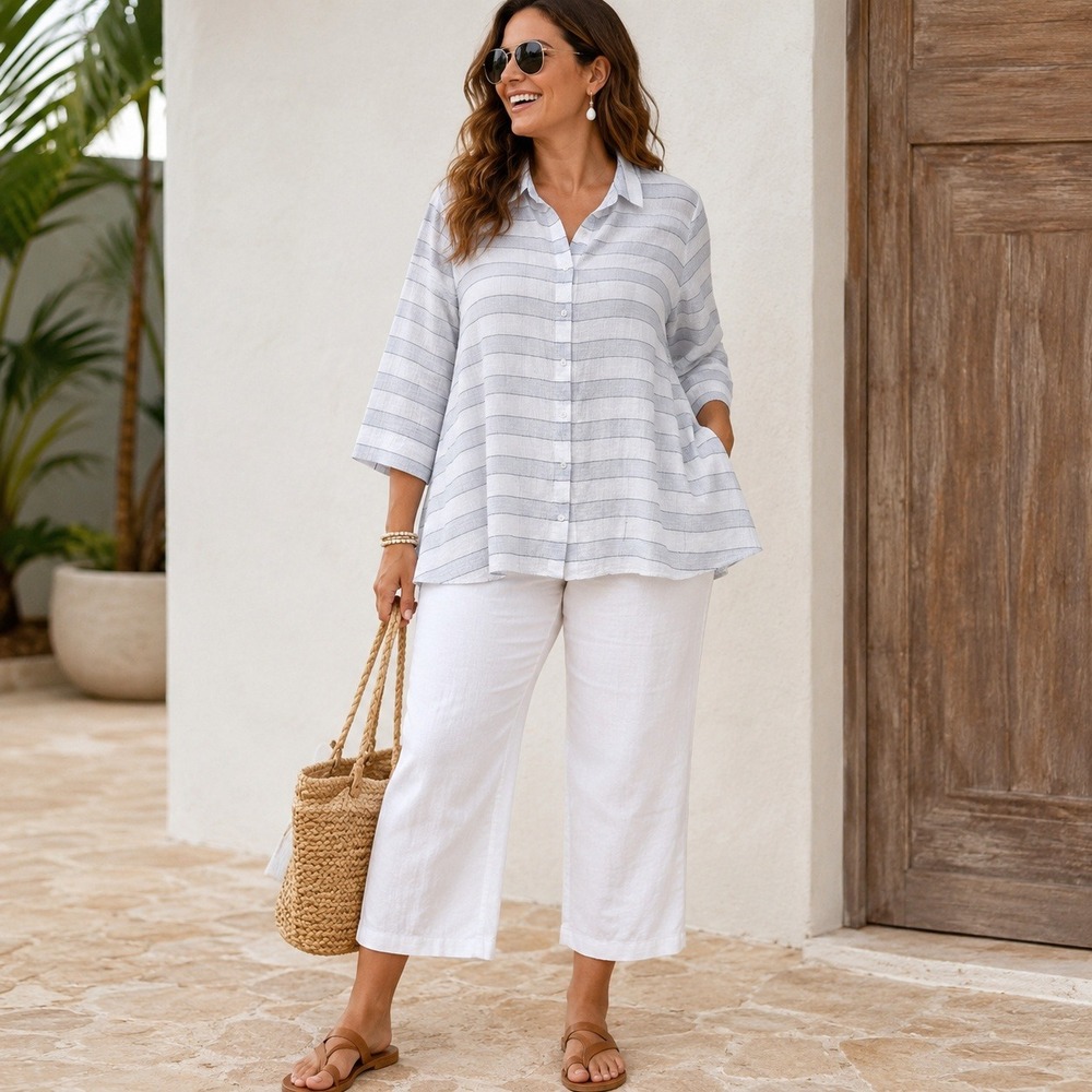 J. Jill Womens Blue White Striped Textured Cotton Button Down Shirt Size L XL